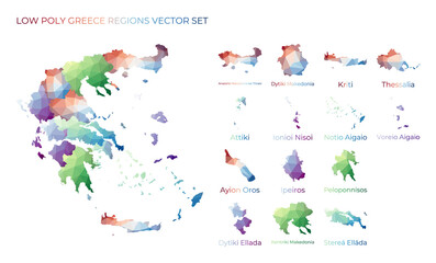 Greek low poly regions. Polygonal map of Greece with regions. Geometric maps for your design. Artistic vector illustration.