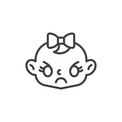 Obraz premium Angry baby girl face line icon. linear style sign for mobile concept and web design. Annoyed baby outline vector icon. Symbol, logo illustration. Vector graphics