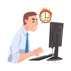 Businessman Working Overtime at Deadline, Overloaded Office Worker Sitting at Workplace Vector Illustration