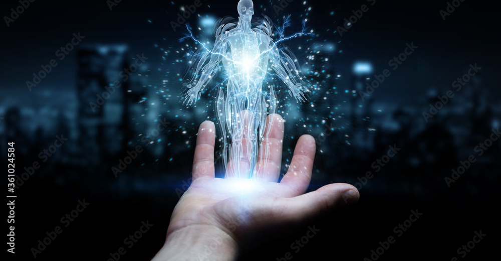 Poster Man hand using digital x-ray human body holographic scan projection 3D rendering
