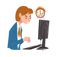 Stressed Businesswoman Working Overtime at Deadline, Overloaded Female Office Worker Sitting at Workplace in Office Vector Illustration