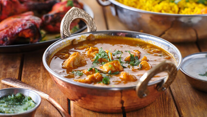indian butter chicken curry in balti dish on table top