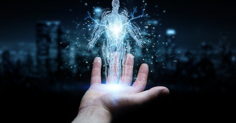 Man hand using digital x-ray human body holographic scan projection 3D rendering