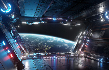 Blue and red futuristic spaceship interior with window view on planet Earth 3d rendering © sdecoret