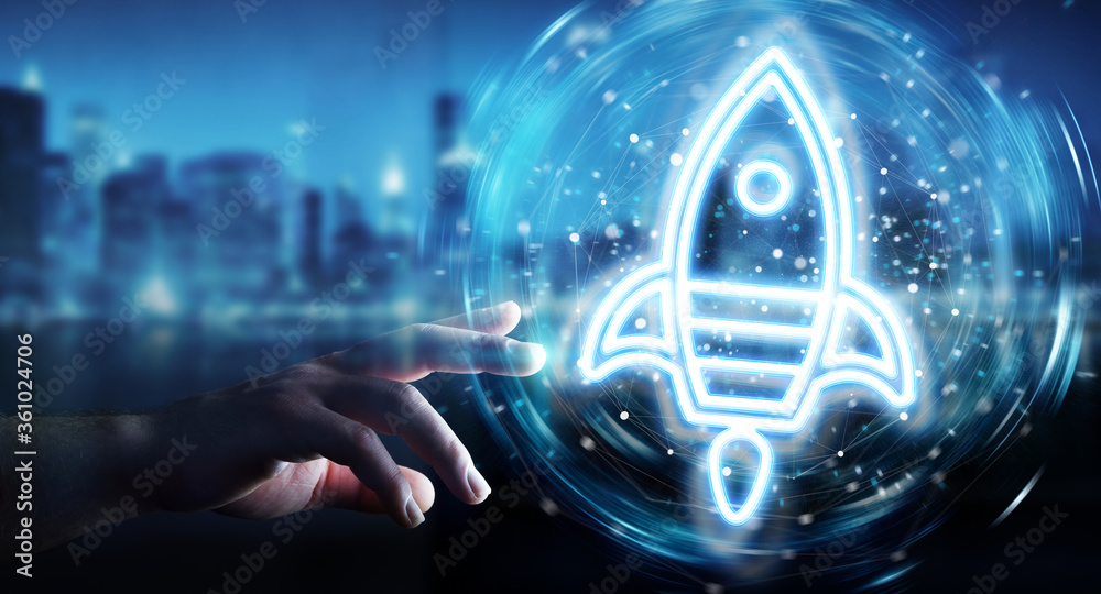 Poster Man hand using startup digital neon interface 3D rendering