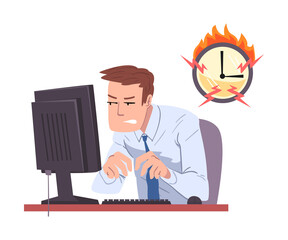 Businessman Working Overtime at Deadline, Overloaded Male Office Worker Sitting at Workplace in Office Vector Illustration