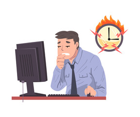 Stressed Office Worker Working Overtime at Deadline, Overworked Businessman Sitting at Workplace in Office Vector Illustration