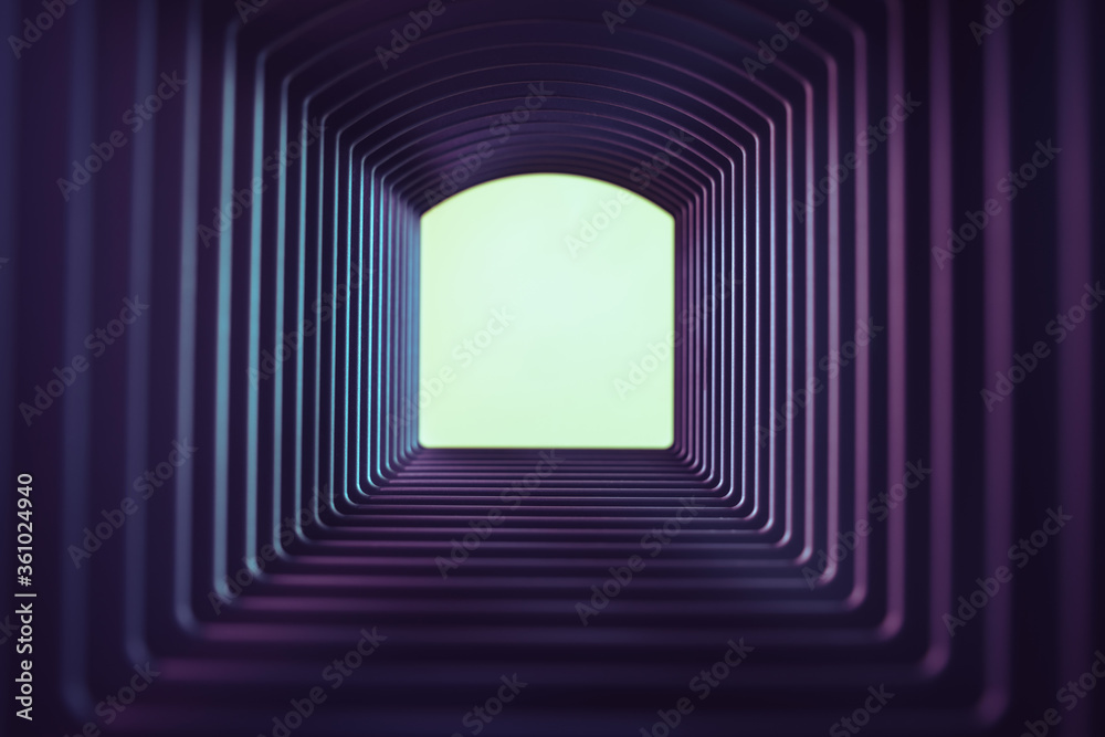 Poster Beautiful abstract gray tunnel with color light on a white shine in the end background.