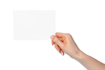 Obraz premium Woman's hand holding blank white sheet of paper isolated on white