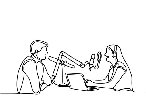 Man and woman sits in headphones at the microphone and broadcasts. One continuous line drawing of a young lady doing a podcast by interviewing a male. Speaks into a microphone. Vector illustration