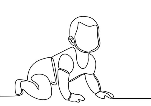 Continuous one line drawing of crawling baby. Happy baby boy learn to crawl on the floor drawn from the hand picture silhouette isolated on white background. Little kid in the minimalist style