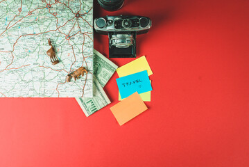 Tourism, travel and objects concept. Different travel stuff. Nice color background.