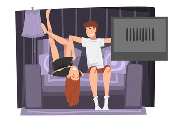 Couple Sitting on Cozy Couch and Watching TV, Smiling Young Man and Woman Spending Time Together at Home Vector Illustration