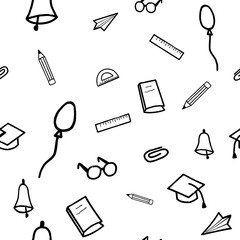 School seamless pattern. Drawings of school supplies on a white background.