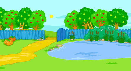 Country lake with fence and fruit trees scenery illustration