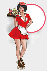 Waitress with plate on roller skates. Red dress. Diner waitress. Vector image - 361025764