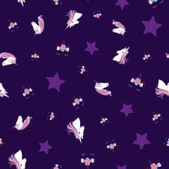 Abstract unicorns and stars seamless pattern on purple background