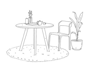 Minimalist furniture of a chair, table, round carpet and interior plant decoration, a hand drawn vector doodle of minimalist furniture for living room