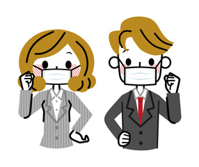 マスクをしたビジネスウーマンとビジネスマン　ガッツポーズ
