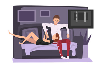 Couple Sitting on Cozy Couch and Watching TV, Young Man and Woman Spending Time Together at Home, Girl Using Smartphone Vector Illustration