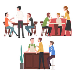 People Drinking Coffee and Relaxing at Coffeehouse or Cafe Set, Restaurant Employees Serving Visitors Vector Illustration