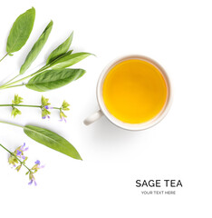 Creative layout made of sage tea on the white background. Flat lay. Food concept.