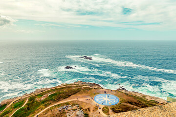 top view of compass wind rose under the tower of hercules in A Coruna, Spain