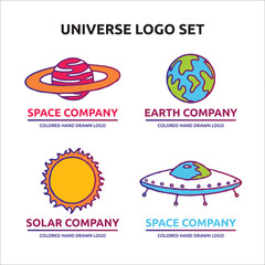 Univerce logo set with pink and orange planet, green and blue earth, yellow and orange sun and white spaceship vector cartoon illustration space cosmos