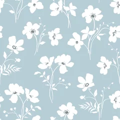 Fotobehang Blauw wit Naadloze bloemmotief met tedere witte abstracte takken van bloemen en bladeren. Vectorillustratie op blauwe achtergrond in vintage stijl.