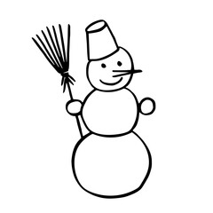 Snowman in black and white, isolated simple hand drawn vector illustration in doodle style