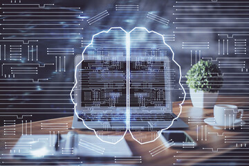 Double exposure of work table with computer and brain sketch hologram. Brainstorming concept.