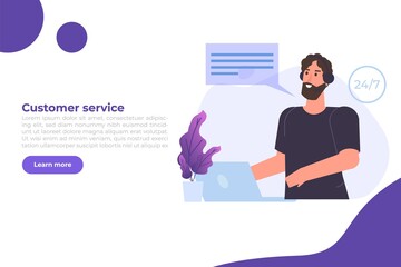 Call center template. Customer service, hotline concept. Office workers with headsets, telemarketing agents. Vector illustration