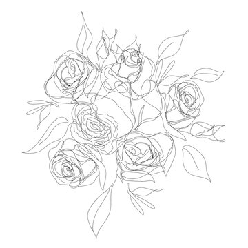 One line style. Bouquet of roses. Trendy vector outline drawing isolated on white. Hand-drawing black and white sketch of flowers.For creative invitation design,wedding decorations,coloring book,print