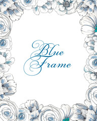 Watercolor illustration, blue flowers frame