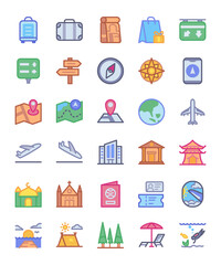 Travel icon set traffic sign diving camping airplane passport beach plane compass museum sea tree with full color style flat design.