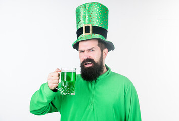 Green color part of celebration. Irish beer pub. Celebration irish culture. Man bearded hipster hat...