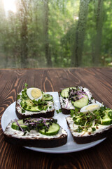 sandwiches with microgreens, cucumber and quail eggs on a white plate. wooden background. a kind of sunlight. Healthy diet. Feed option. young sprouts of radish and red cabbage. vertical photograph