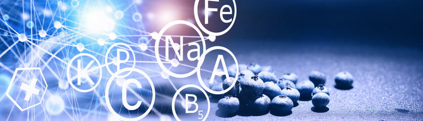 Water drops on ripe sweet blueberry. Fresh blueberries background with copy space for your text. Vegan and vegetarian concept. Macro texture of blueberry berries.