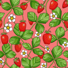 Sweet strawberry with leaves and flowers seamless pattern. Colorful cartoon vector illustration on pink background. Summer print. Bright plants and red berries for package, print, wrapping, wallpaper