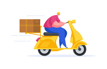 Delivery flat style guy riding scooter fast