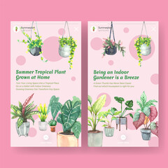  Instagram template design with summer plant and house plants for social media,online community,internet and advertise watercolor illustration