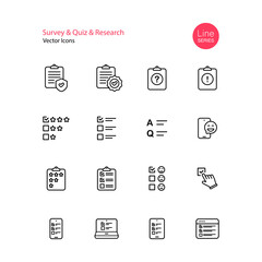 Survey quiz research line icon set. Checklist, quiz, emotional opinion, star review, rating, questionnaire, testimonial, vote. Vector on isolated white background. Eps 10