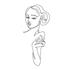 Beautiful woman abstract silhouette, continuous line drawing, small tattoo, print for clothes, t-shirt, emblem or logo design, isolated vector illustration.