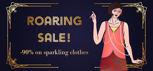 Template of Art Deco sale banner with flapper girl. Also suitable for vintage invitation or discount voucher a-la Roaring 20s. Black and gold geometric frame, copy space and cute woman