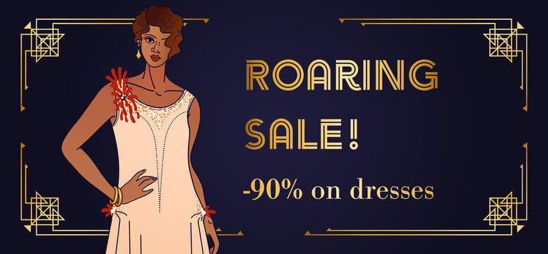 Template of Art Deco sale banner with elegant woman. Also suitable for vintage invitation or discount voucher a-la Roaring 20s. Black and gold geometric frame, copy space and glamour lady