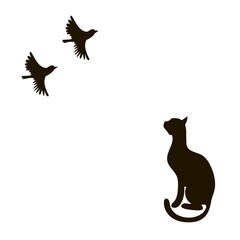Cat at the flying sparrow birds. Vector silhouette image.