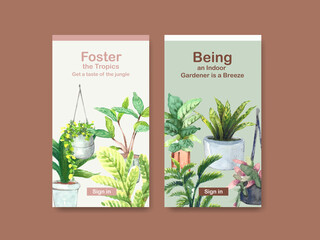  Instagram template design with summer plant and house plants for social media,online community,internet and advertise watercolor illustration