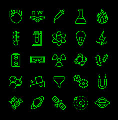 Science icon set green line black isolated modern flat design