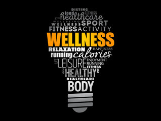 Wellness light bulb word cloud collage, health concept background