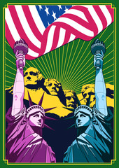 Independence Day 4th of July Poster, Statue of Liberty, Rushmore Mount, USA Flag, Psychedelic Art Poster
